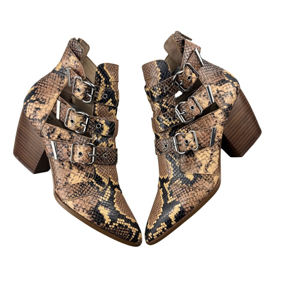 Gianni Bini Snakeskin Leather Triple Buckle Cutout Ankle Boots Brown Size 9M HOT